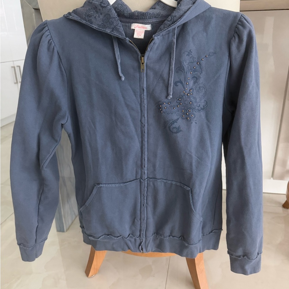 Feathers Denim Blue Zip up Hoodie